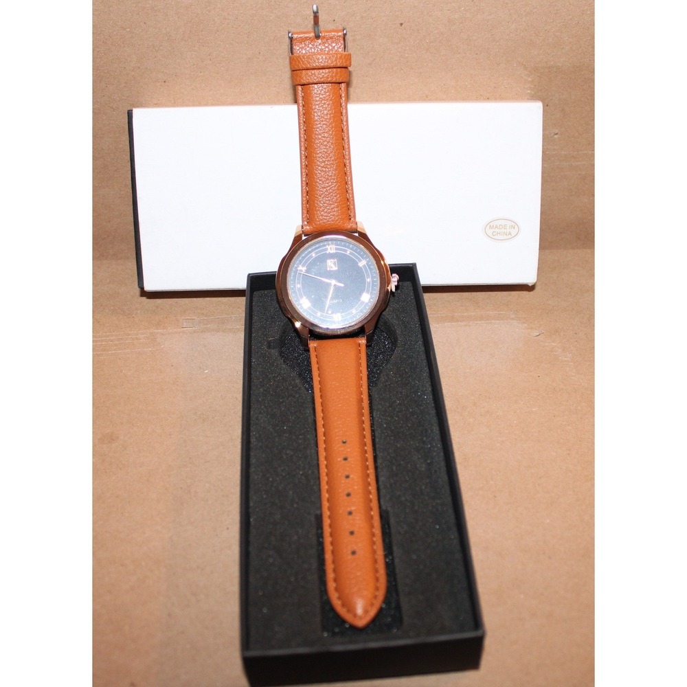 K Brand Blue Dial Rose Gold Tone Watch Tan Leather Strap Japan Quartz Movement